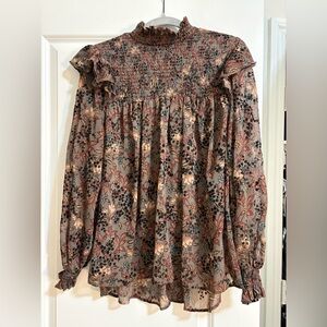 Knox Rose Floral Smocked Ruffle Neck Blouse - Dusty Rose, Cream, Navy